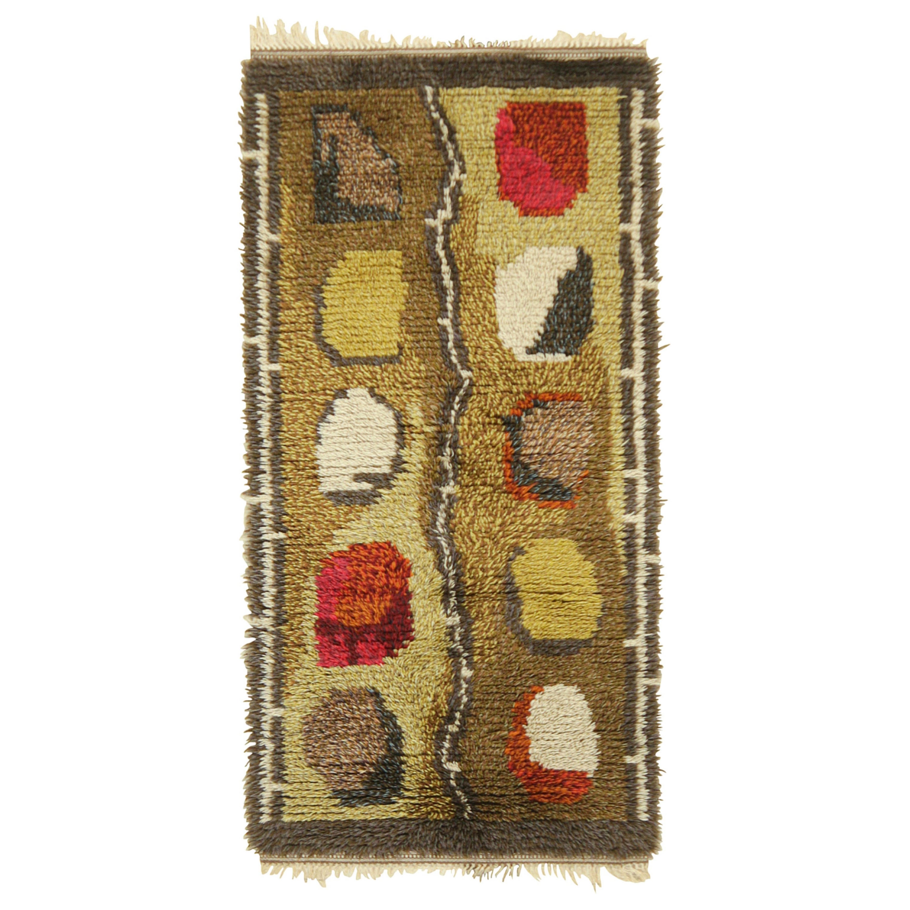 Vintage Swedish Rug In Red and Green with Geometric Pattern  Rug & Kilim