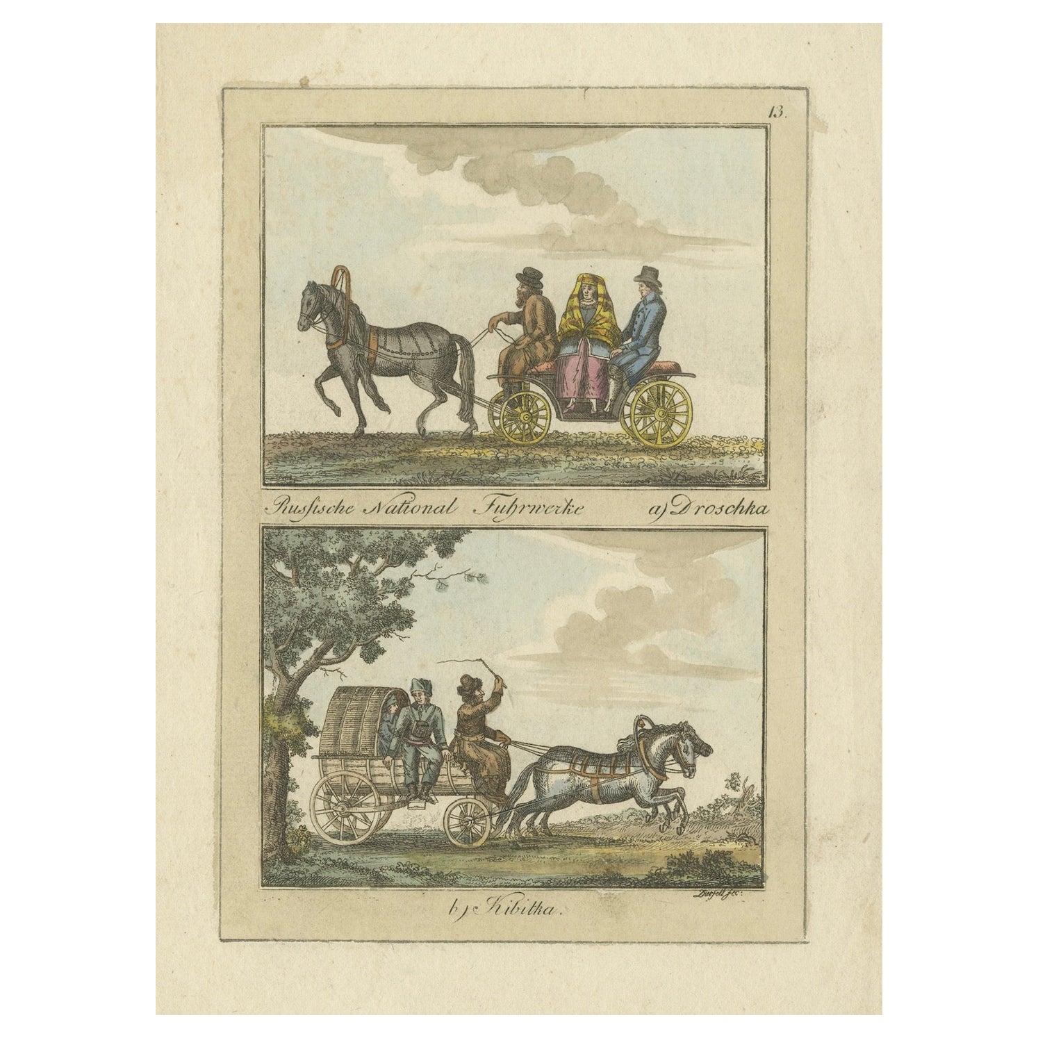 Gravure de voitures nationales russes : Droshky et Kibitka, vers 1890 en vente