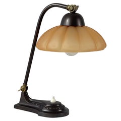Art Deco Patinated Brass & Havanna Glass Table Lamp, Sweden 1930s