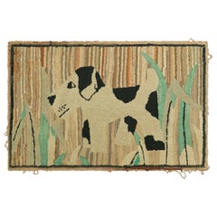 Antique Hooked Rug in Beige-Brown with Animal Pictorial Patterns  Rug & Kilim