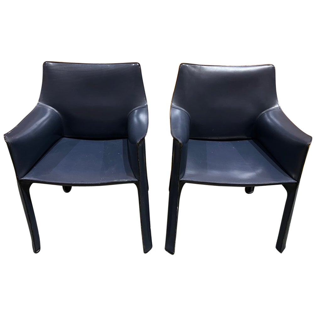 Pair of Mario Bellini for Cassina 'CAB 413' Dining Chairs in Navy Blue Leather
