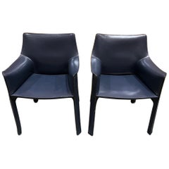 Vintage Pair of Mario Bellini for Cassina 'CAB 413' Dining Chairs in Navy Blue Leather