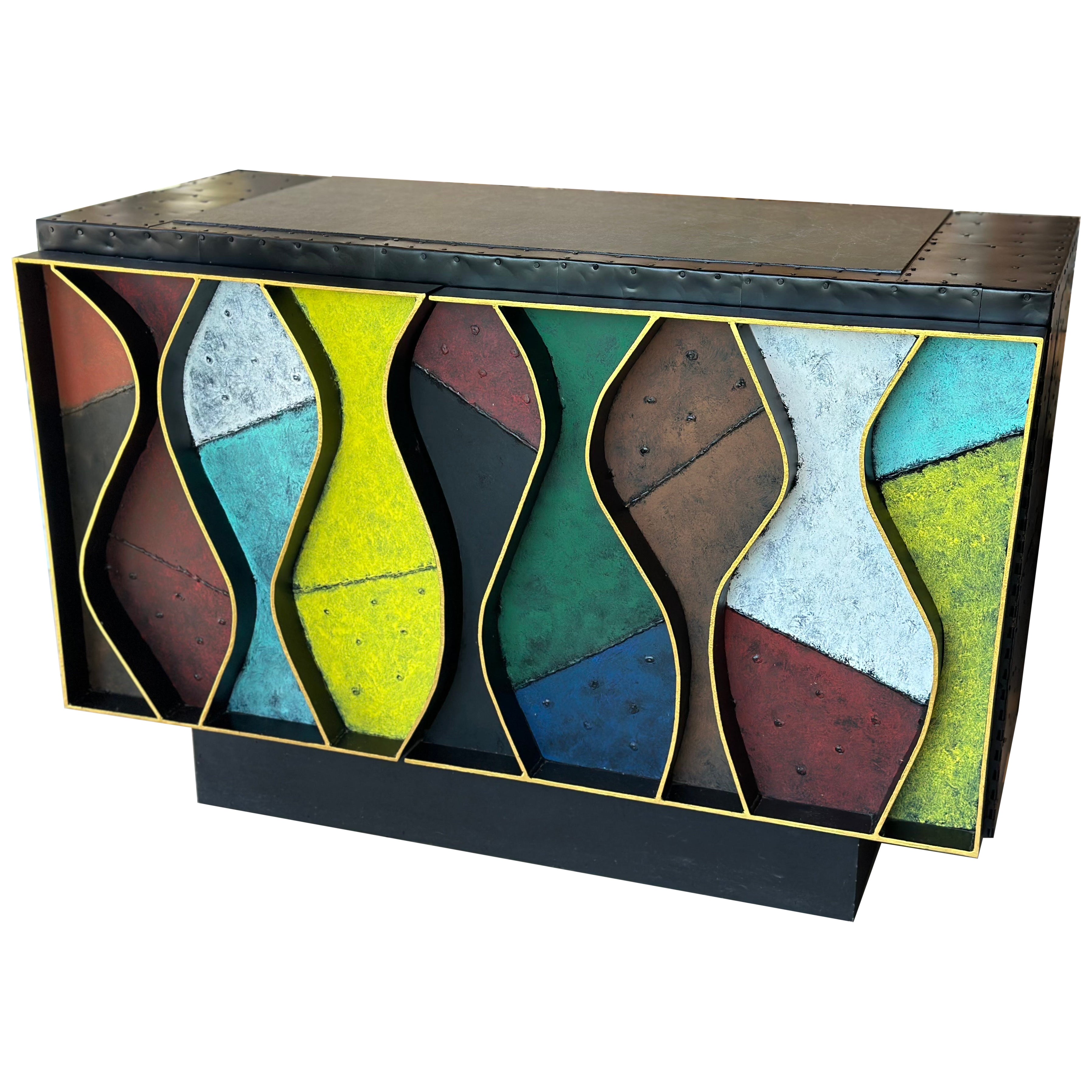 Patchwork Wavy Slate Metal Steel Riveted Cabinet Credenza Paul Evans Style