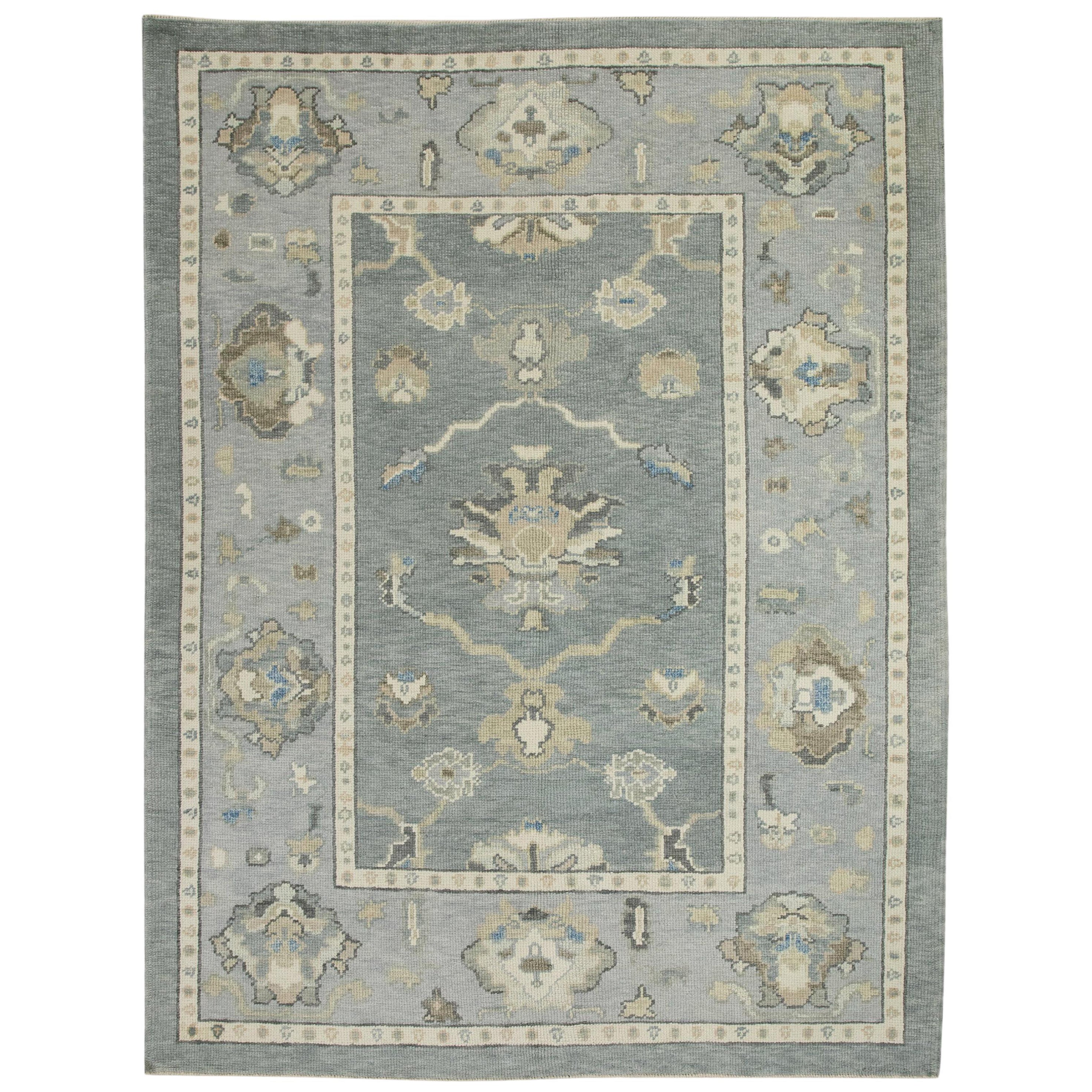 Alfombra turca Oushak Alfombra de lana tejida a mano con diseño floral gris y azul 5'2" x 6'7