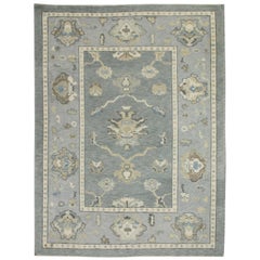 Türkischer Oushak Teppich Grau & Blau Floral Design Handgewebter Wollteppich 5'2" x 6'7"