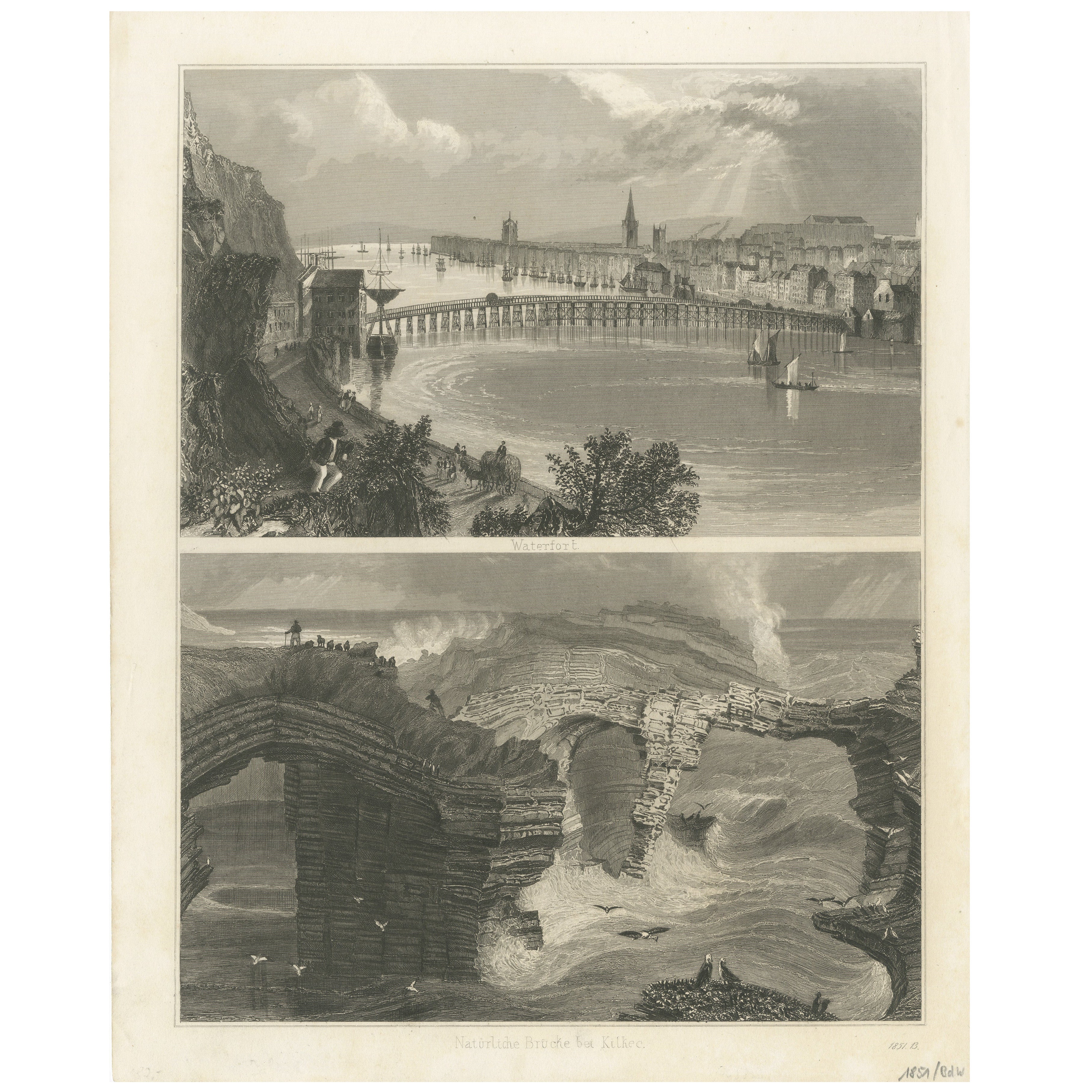 Engraving of Waterford City and Natural Bridge near Kilkee, Ireland, 1851 For Sale