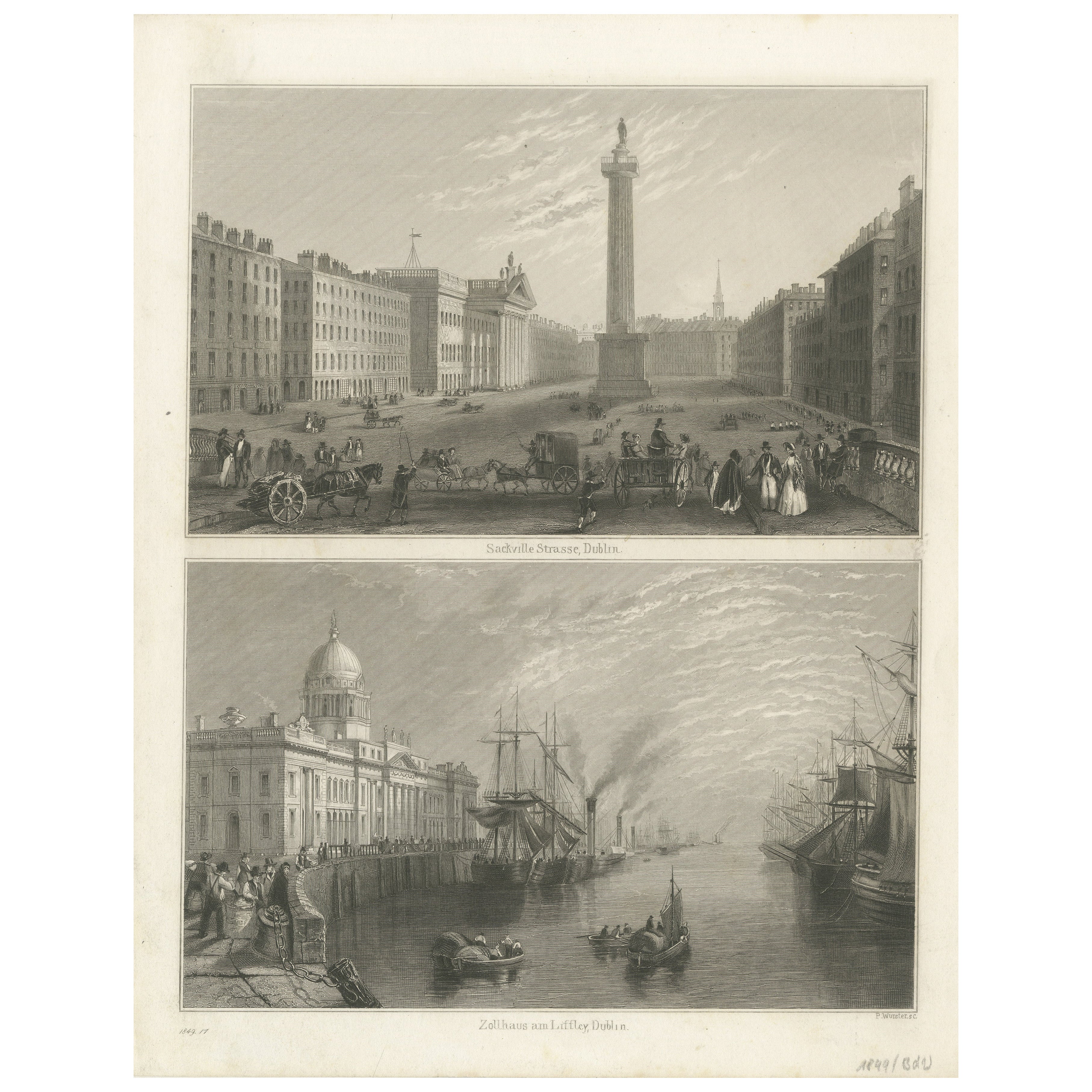 Gravure de Sackville Street et Customs House, Dublin, 1849 en vente