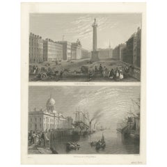 Antique Engraving of Sackville Street and Customs House, Dublin, 1849