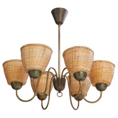 Bergboms, Kronleuchter, Messing. Rattan, Schweden, 1940er Jahre