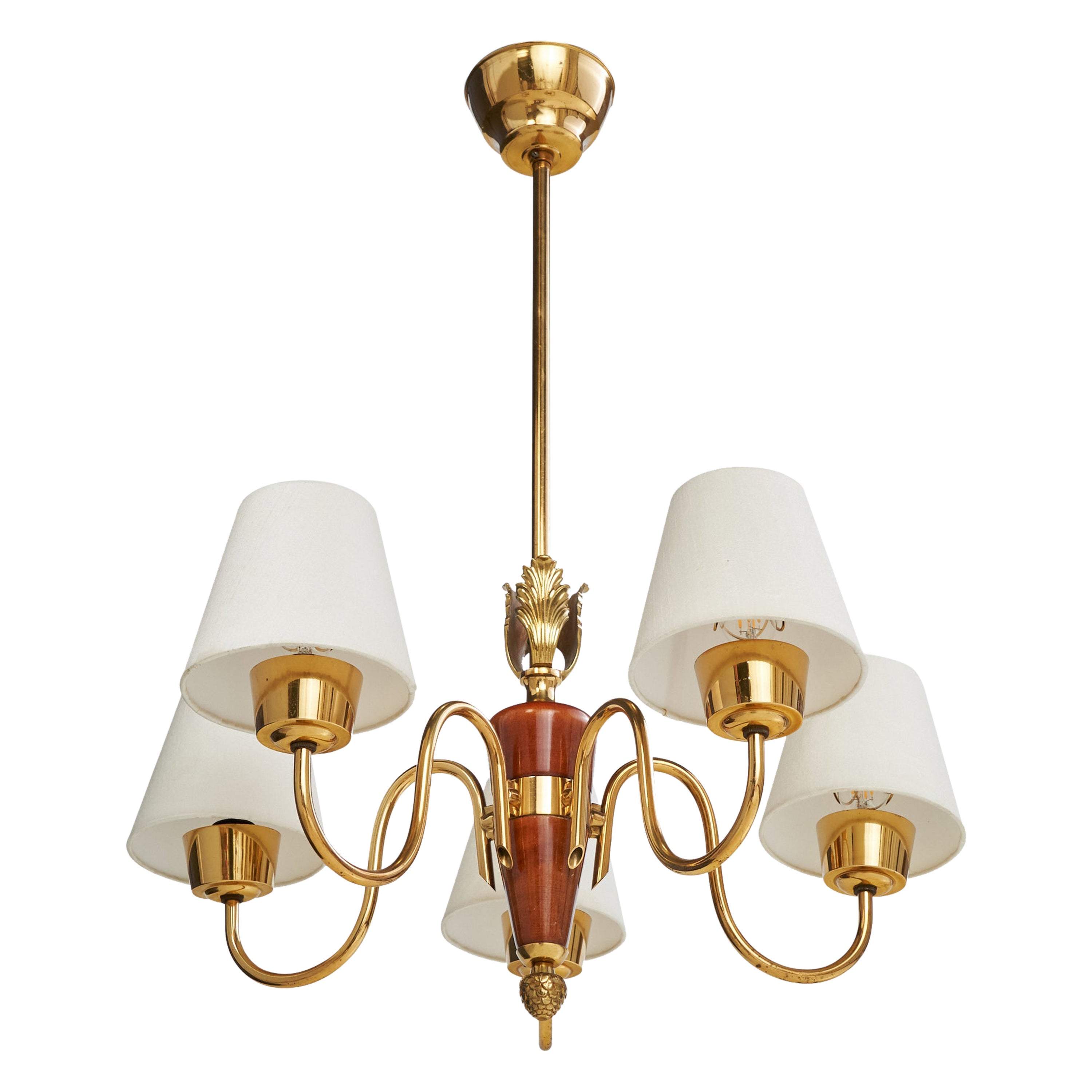 Swedish Designer, Chandelier, Brass, Wood, Fabric, Sweden, 1950s
