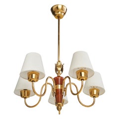 Swedish Designer, Chandelier, Brass, Wood, Fabric, Sweden, 1950s