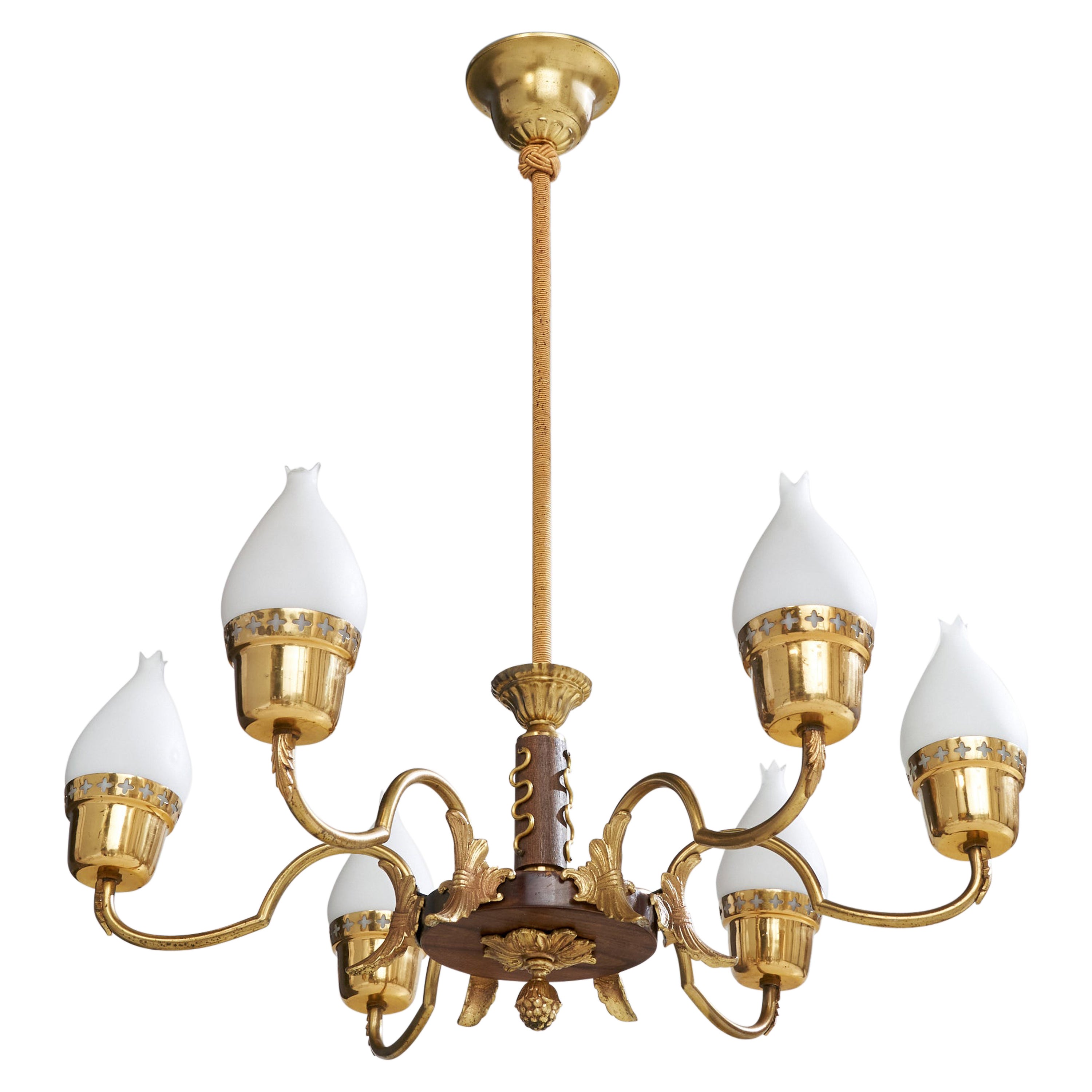 Swedish Designer, Chandelier, Brass, Wood, Glass, Sweden, 1940s For Sale