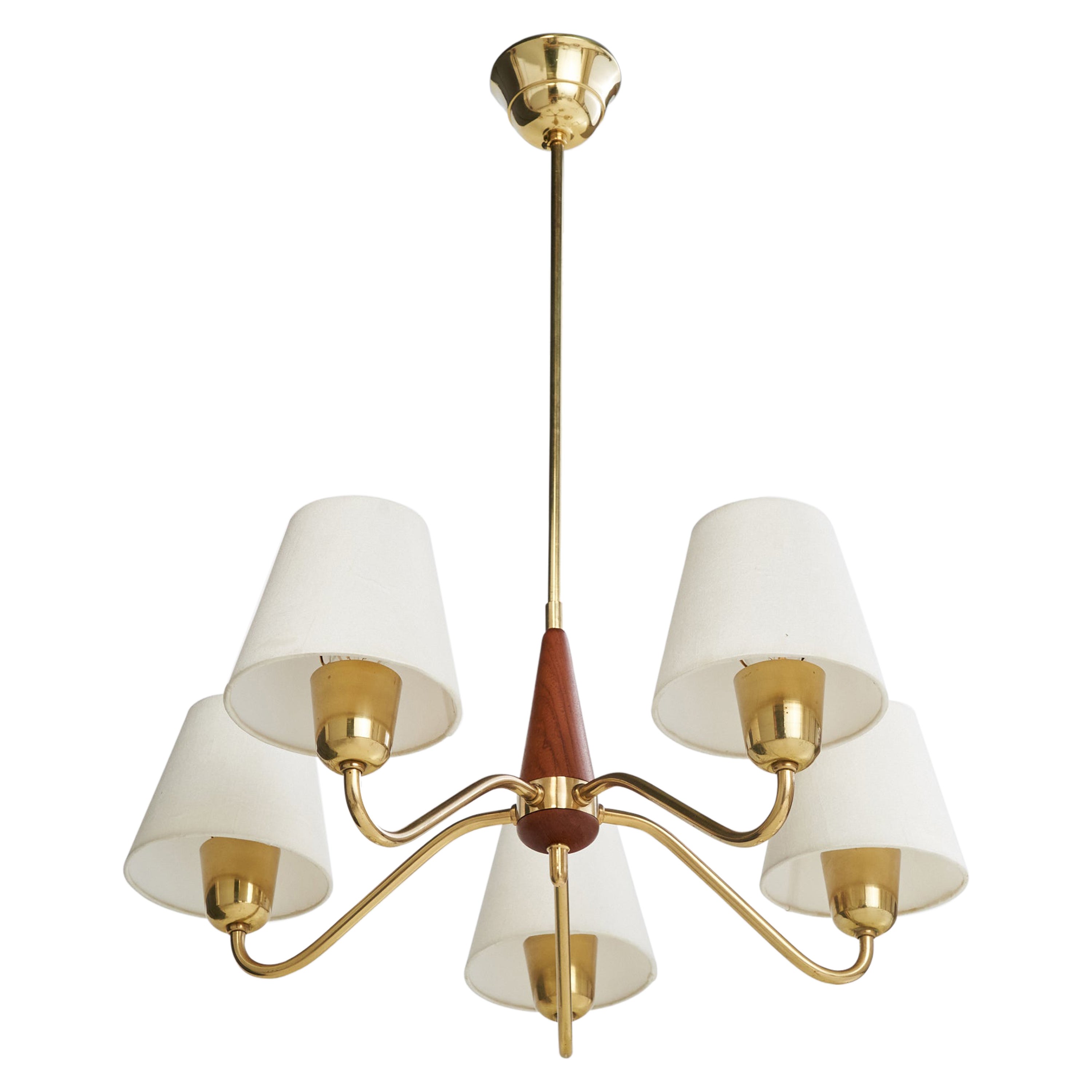 Swedish Designer, Chandelier, Brass, Wood, Fabric, Sweden, 1950s