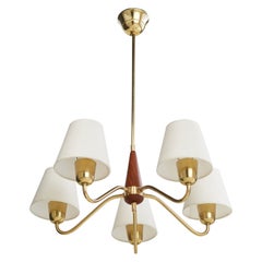 Swedish Designer, Chandelier, Brass, Wood, Fabric, Sweden, 1950s