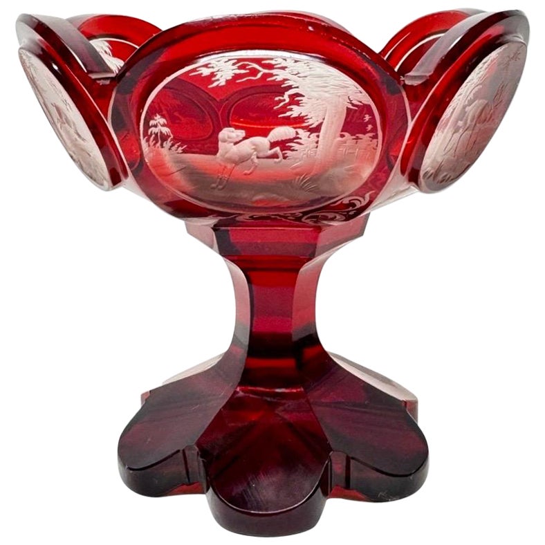 Cuenco bohemio de cristal teñido de rubí con grabados, Karl Pfohl, S. XIX