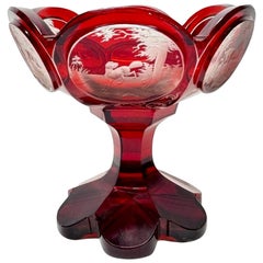 Bohemian Ruby-Stained Crystal Bowl with Engravings, Karl Pfohl, 19th Century