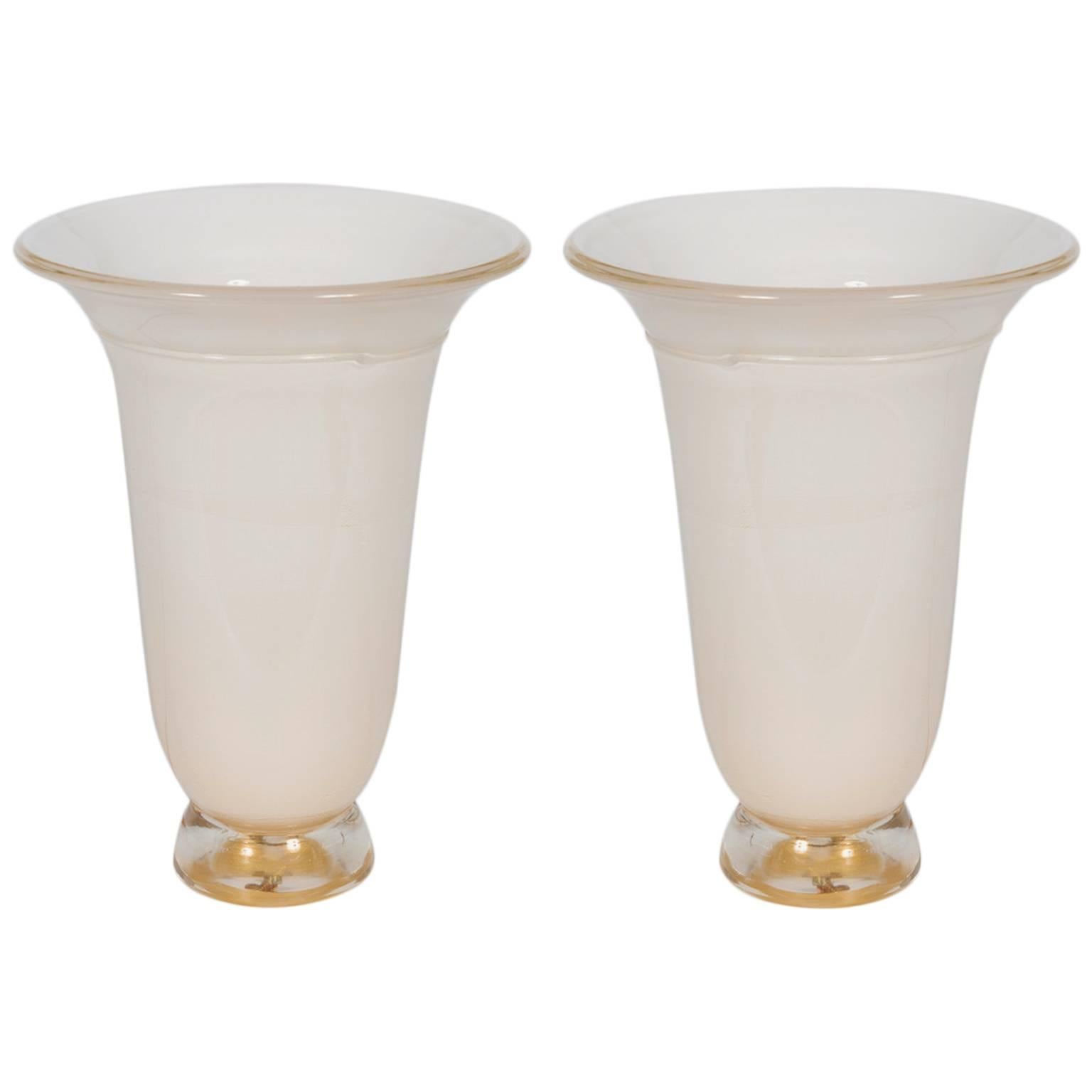 Italian Venetian, Pair of Table Lamps, blown Murano Glass, White & Gold, 1980s