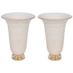 Italian Venetian, Pair of Table Lamps, blown Murano Glass, White & Gold, 1980s