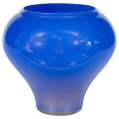 Retro Blue Vase in Blown Murano Glass with 24kt Gold 1980s, Italy