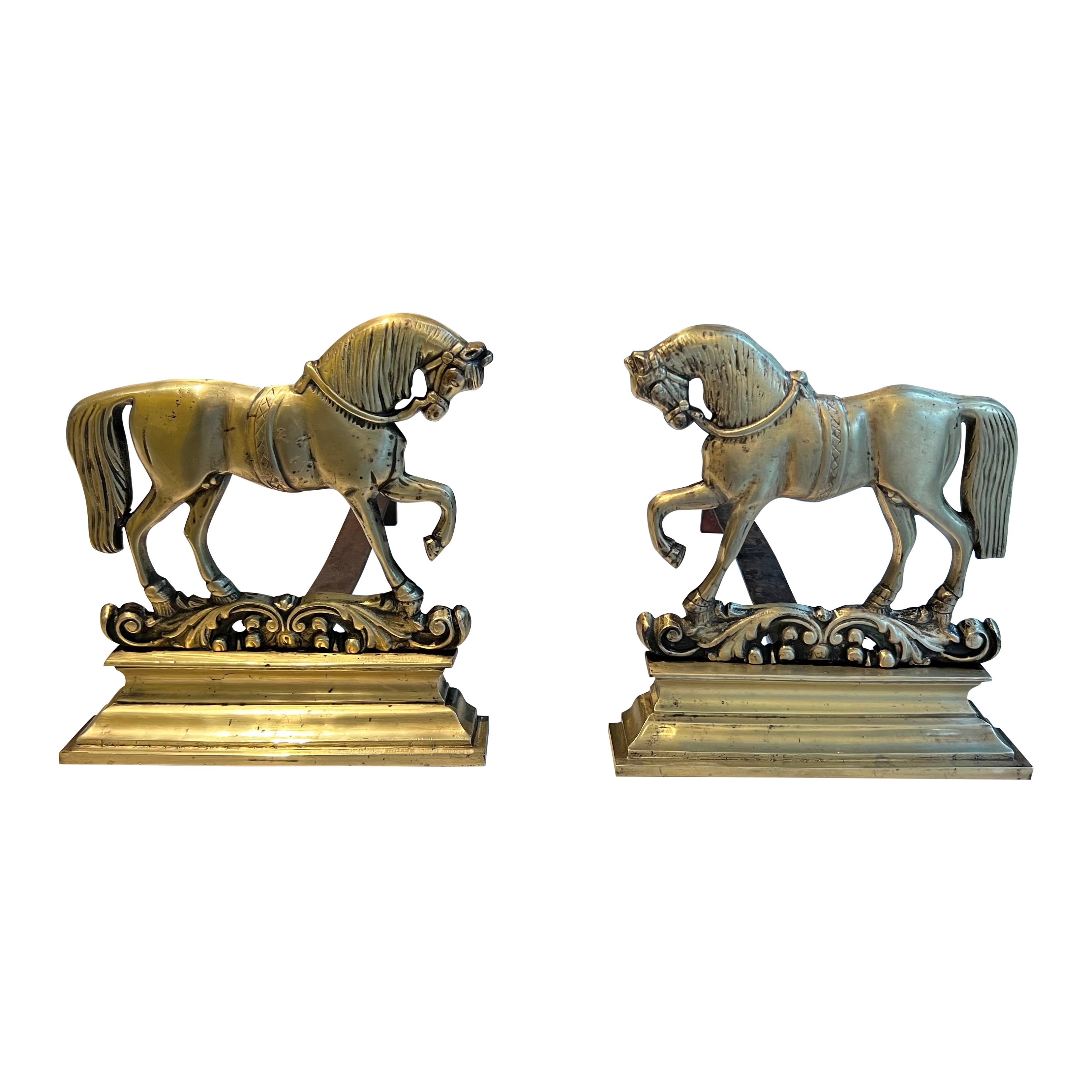 Pair of Bronze Horses Andirons. French Work.