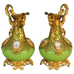 Antique French Pair of Jade Opaline Perfume Ewers