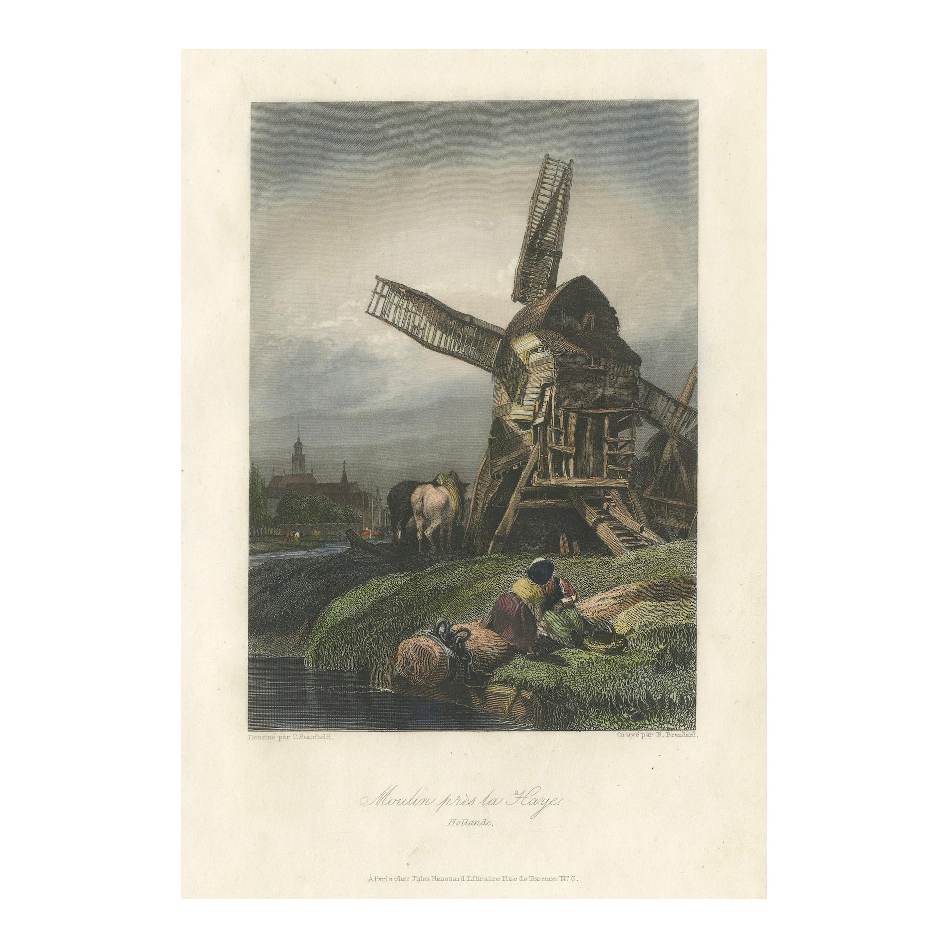 Escena Rústica de Molino Holandés: Molino cerca de La Haya por Stanfield, grabado en 1833