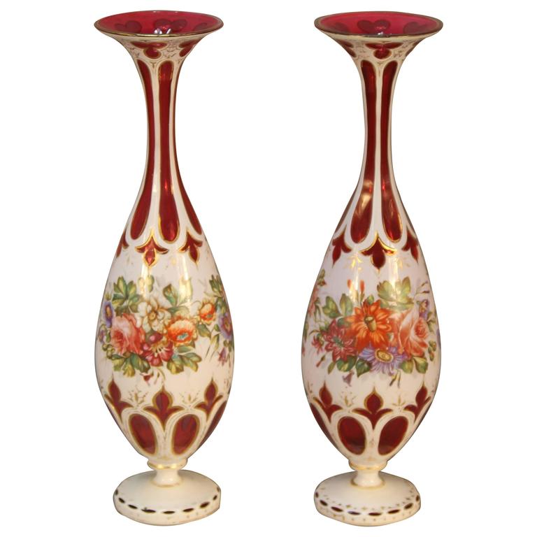 Antique Pair of Ruby Cranberry Overlay Bohemian Glass Vases For Sale at