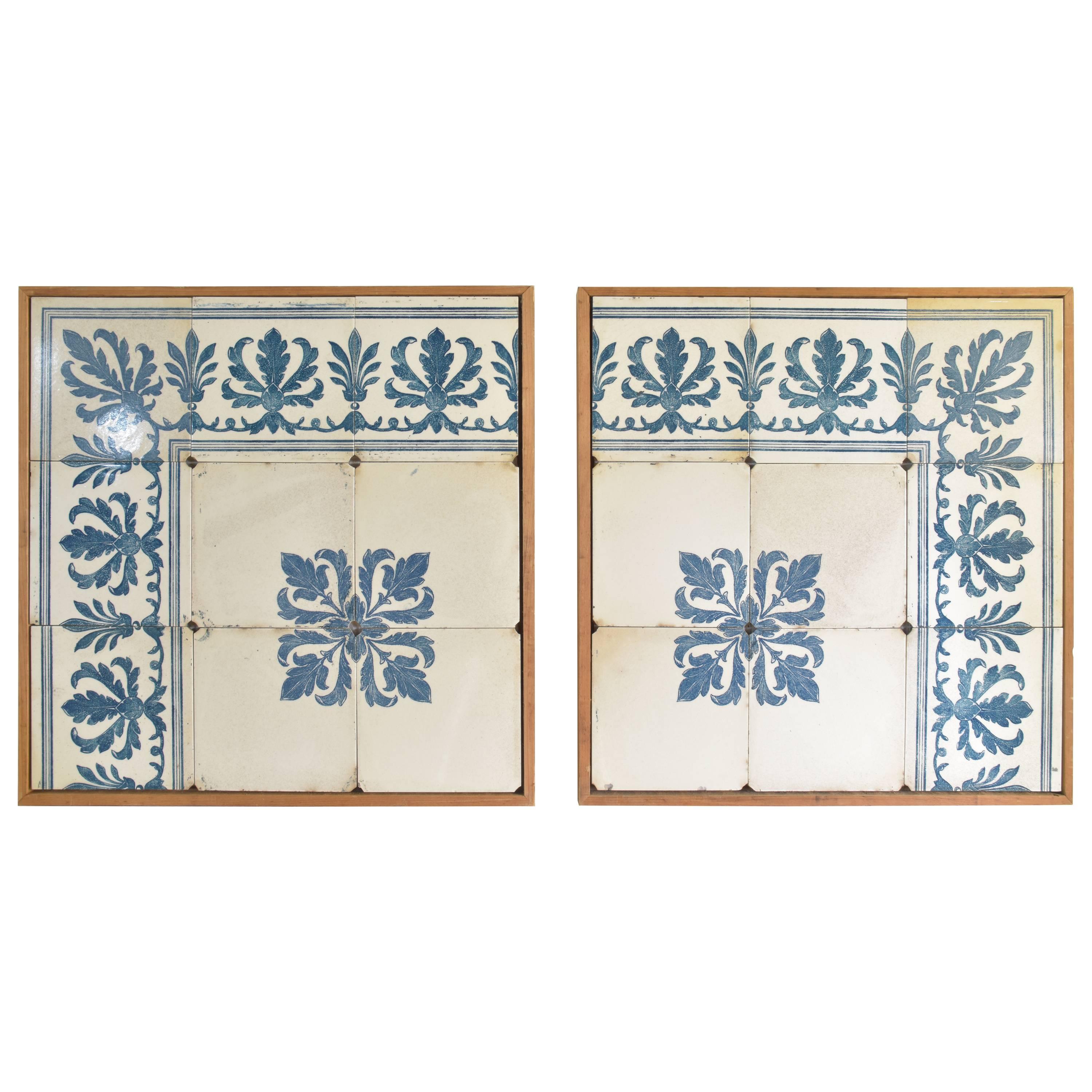 Antique Blue and White Portuguese Tiles Framed in Modern Wood Frames For Sale