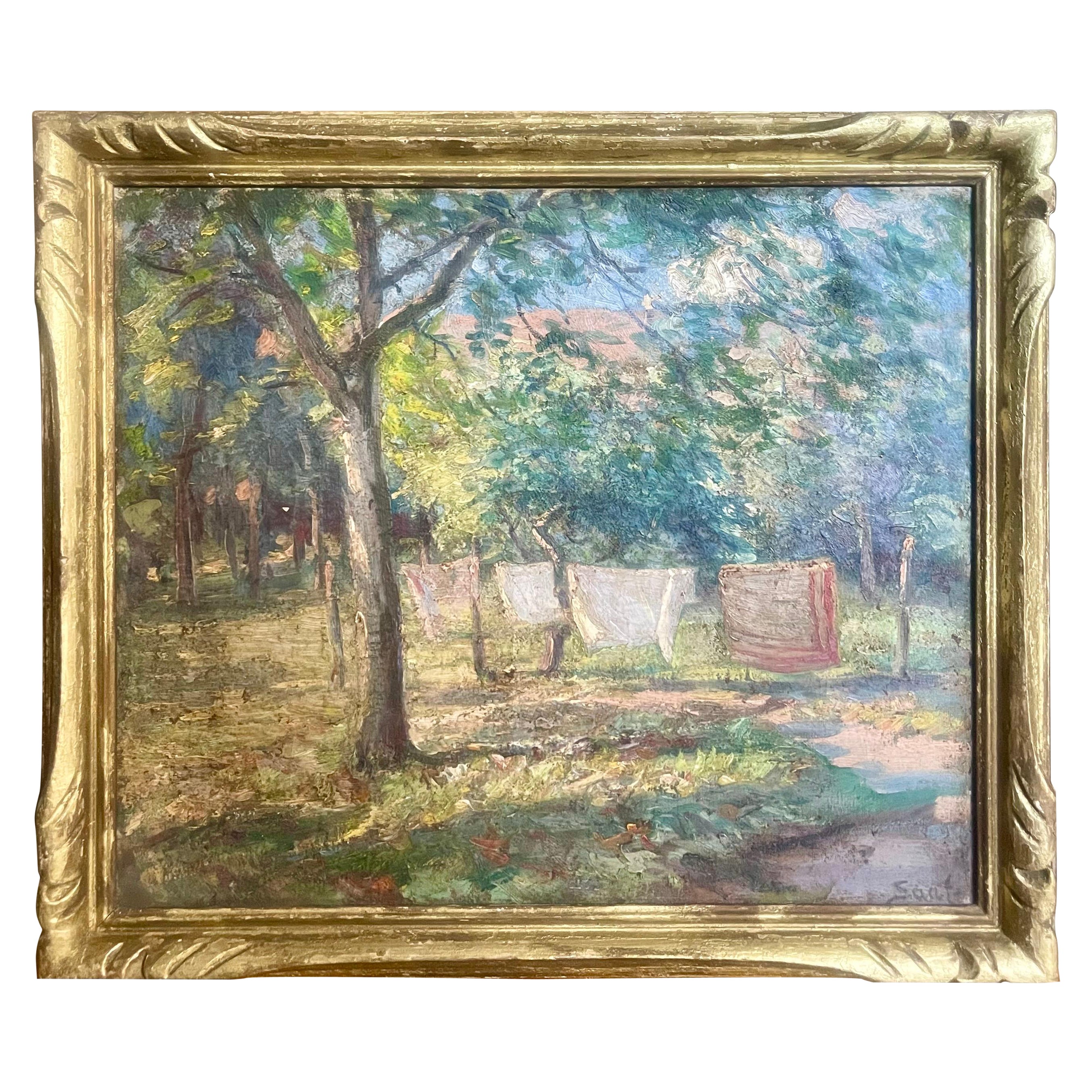 Oil on Canvas "Linens on Line in the Sun" Signed Erik Sääf No 1910 Sweden