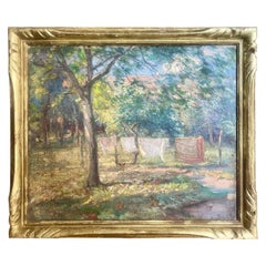 Oil on Canvas "Linens on Line in the Sun" Signed Erik Sääf No 1910 Sweden