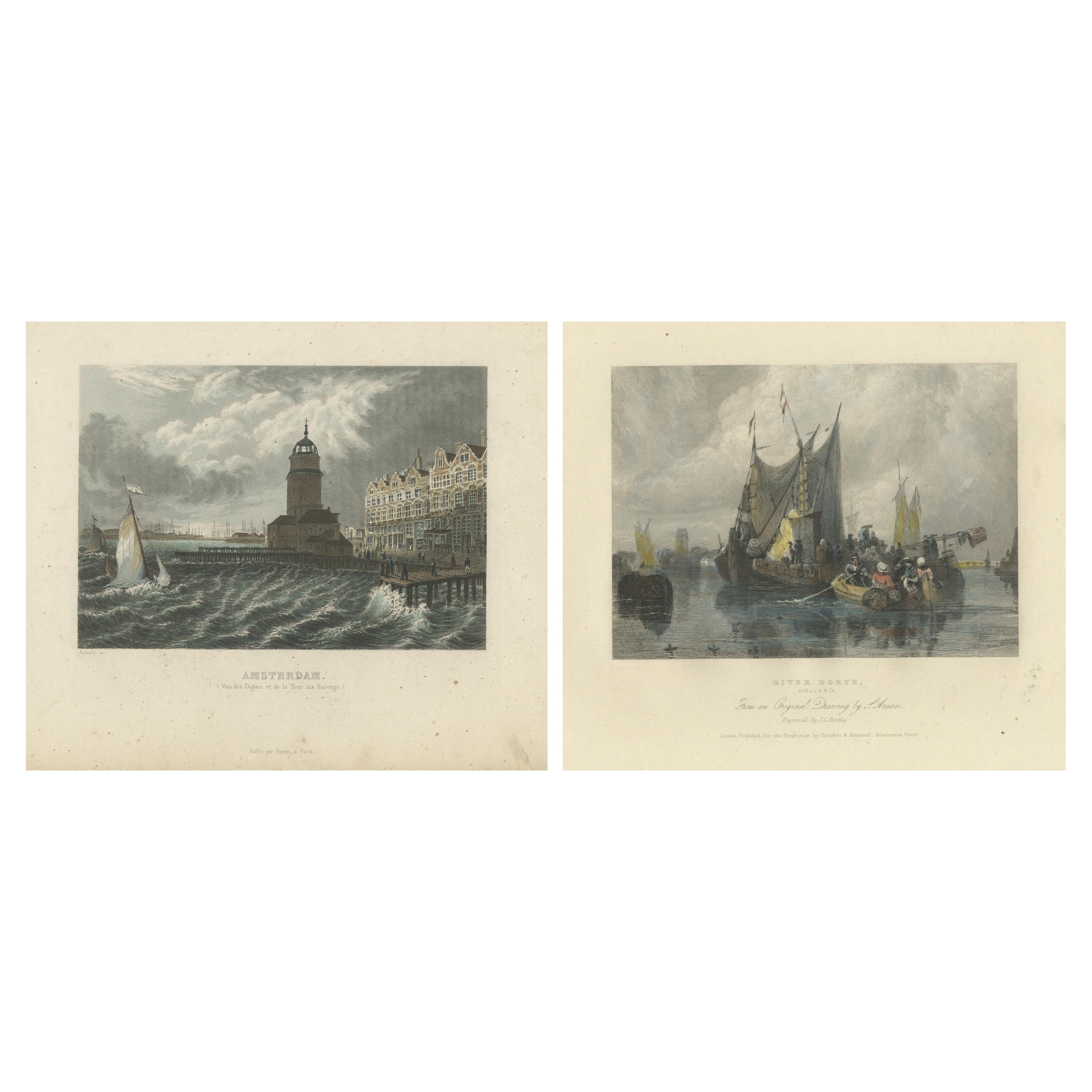 Hand-Colored Engravings of Dutch Maritime Scenes: Amsterdam and River Dort, 1830