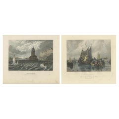 Hand-Colored Engravings of Dutch Maritime Scenes: Amsterdam and River Dort, 1830