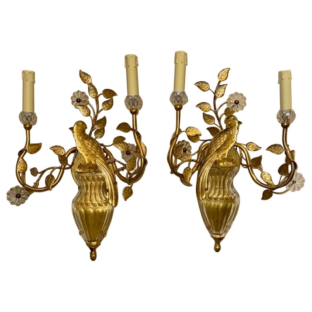 Paar italienische Glas-Wandleuchter in Vogelform nach Maison Bagues, Vintage