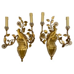 Paar italienische Glas-Wandleuchter in Vogelform nach Maison Bagues, Vintage