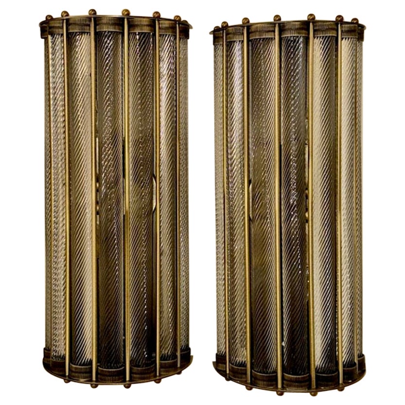 Modern Pair of Twisted Murano Glass Sconces with Brass Details