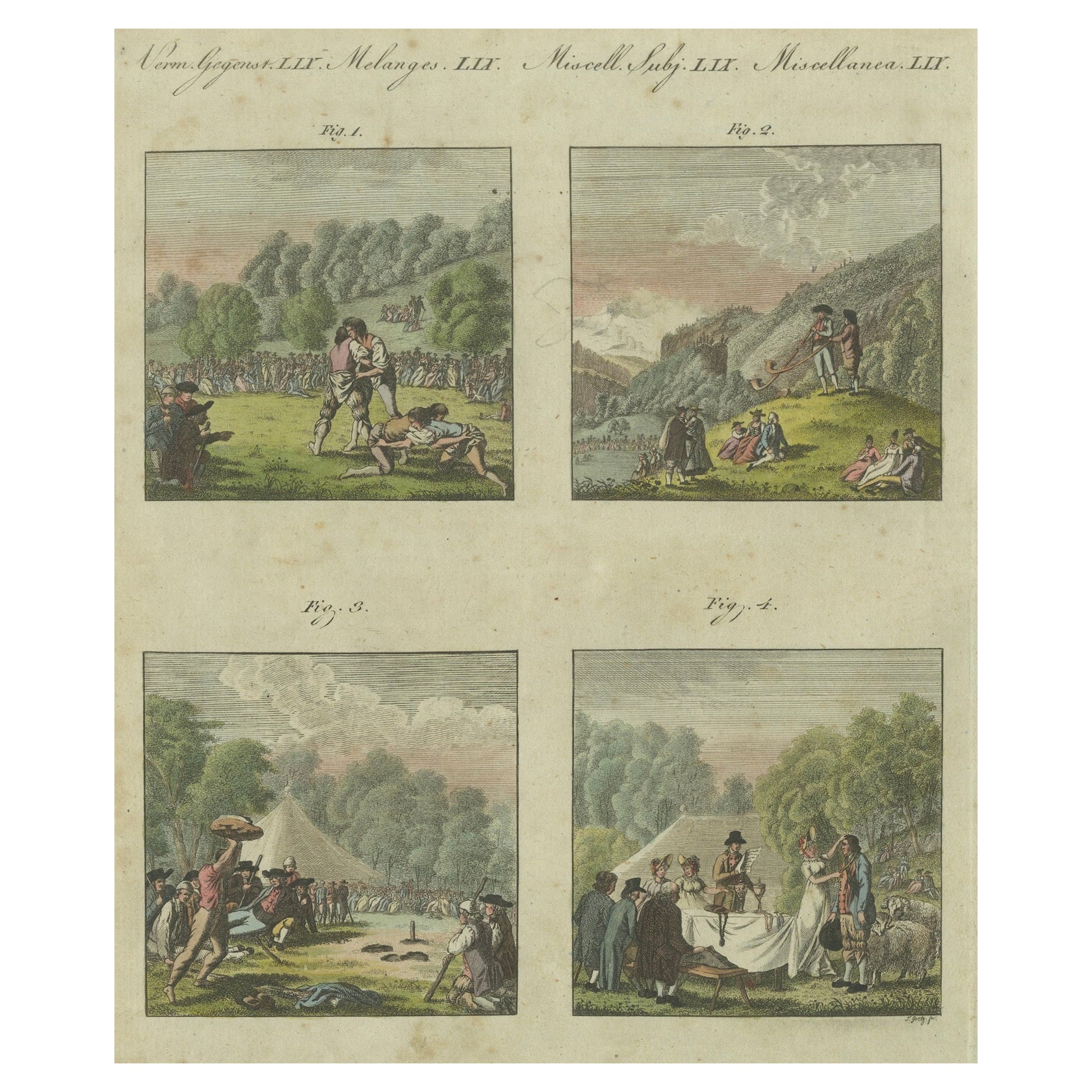 Scenes of Traditional Life and Festivities in Europe: Hand-Colored Engraving