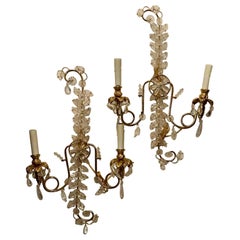 Pair of Maison Bagues Style Rock Crystal and Brass Sconces with 2 Lights