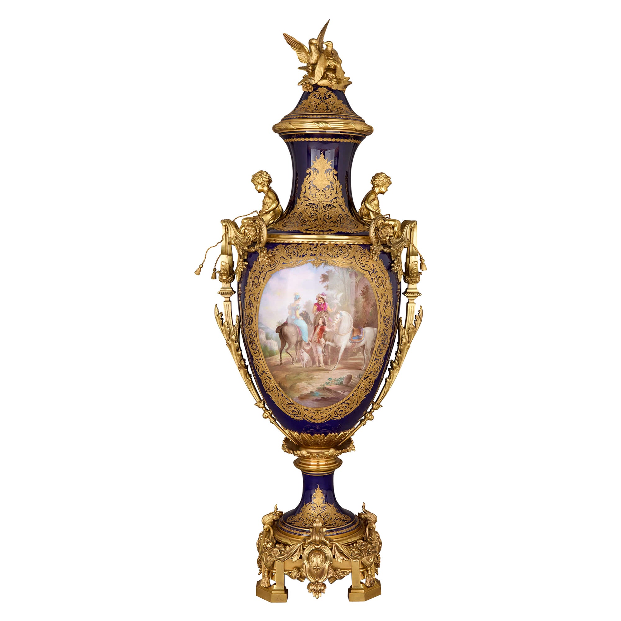 Large Antique Porcelain and Ormolu Vase Painted with a Genre Scene