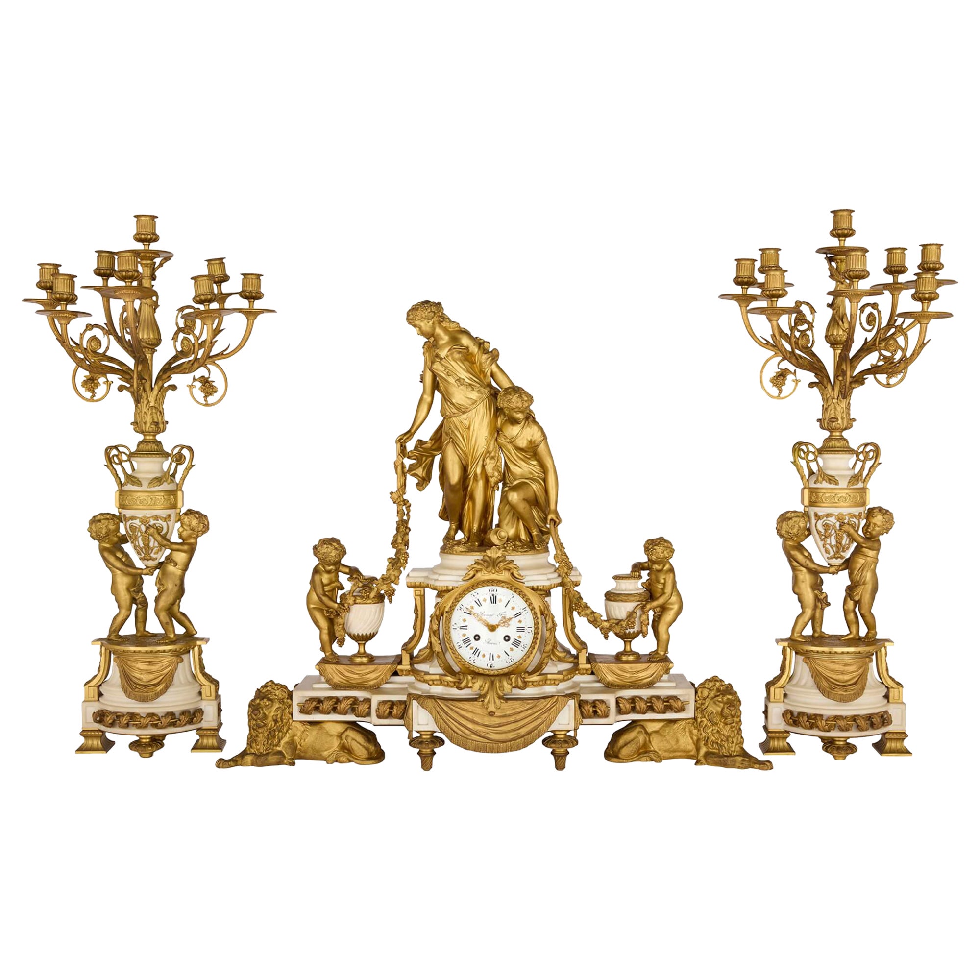 Grand Ormolu and Marble Clock Set by Raingo Frères and Salmson