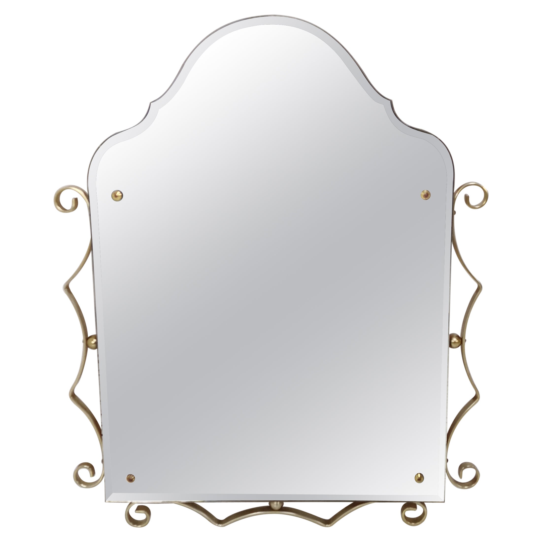 Italian Wall Mirror with Facet Cut Glass and Gold Colored Curly Frame, 1970s