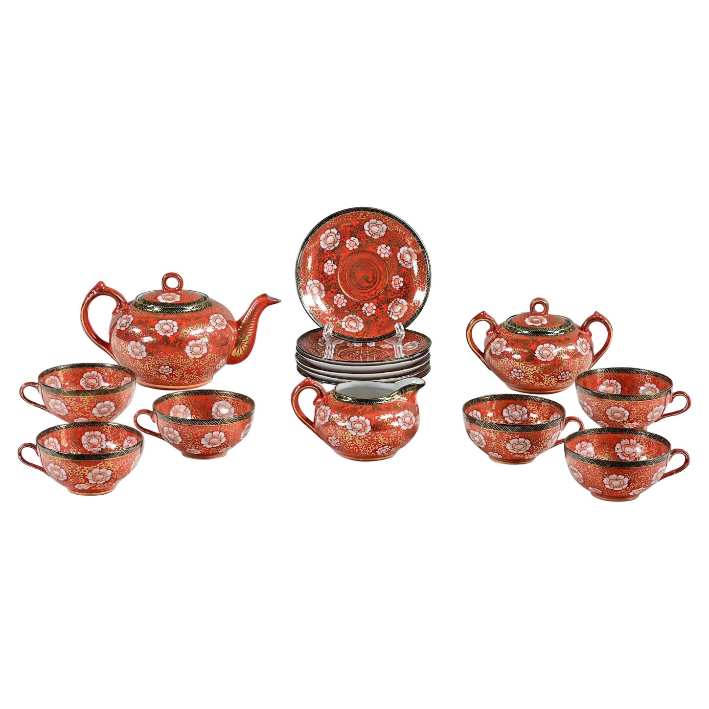 Juego de Té Oriental Chino de Porcelana Rojo y Dorado Pintado a Mano Hecho en Japón