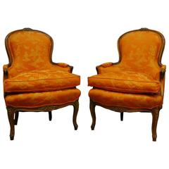 Pair of Louis XV Style Carved Chinoiserie Bergeres