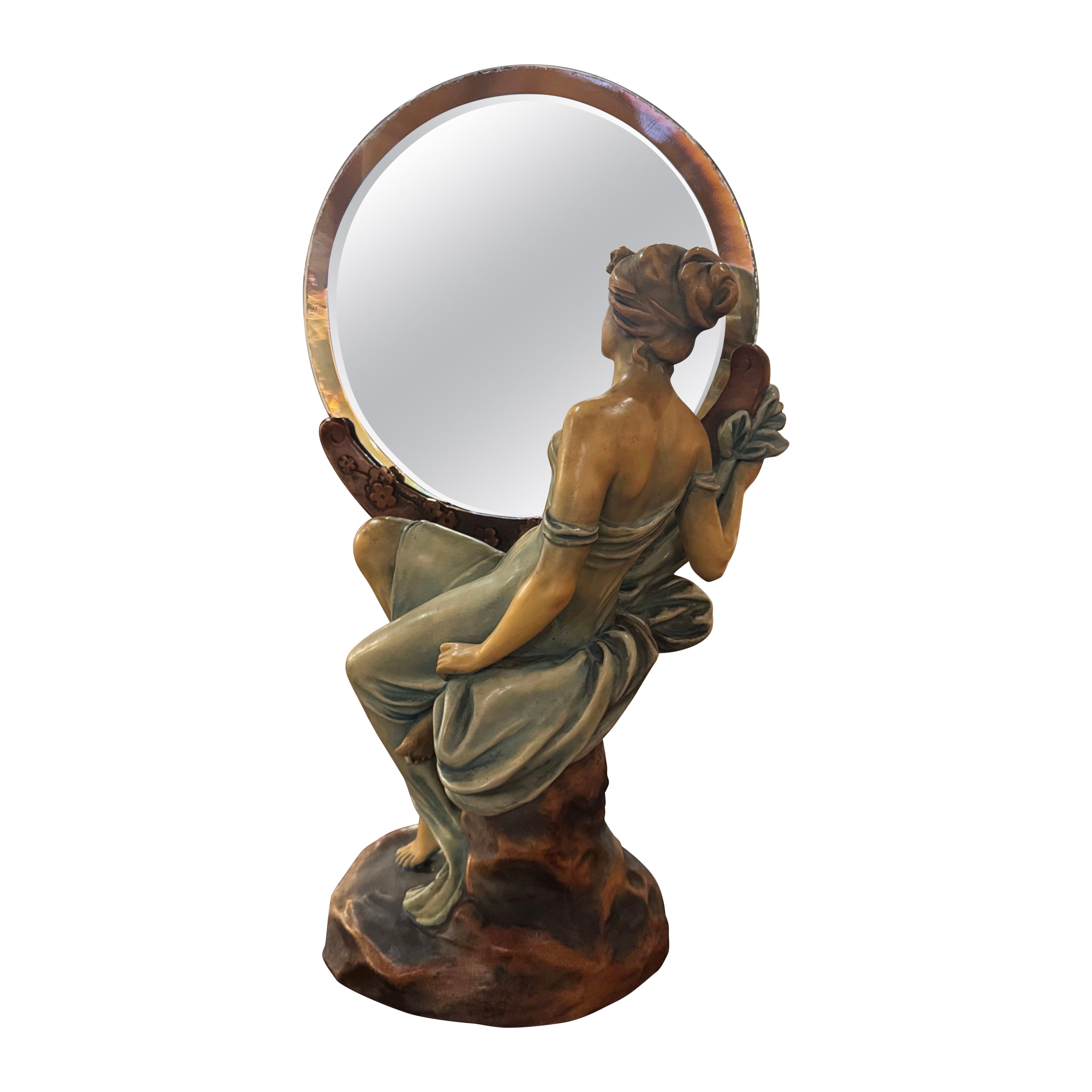 Early 20th Century Czech Painted Bohemian Figural Vanity Mirror Signed Schloop