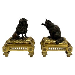 Pair Antique French Louis XVI Gold & Patinated Bronze Animal Andirons Circa 1870