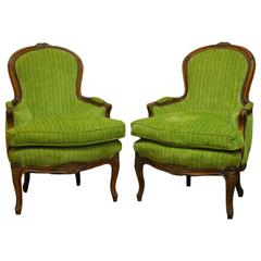 Pair of Louis XV Style Carved Chartreuse Velvet Bergeres