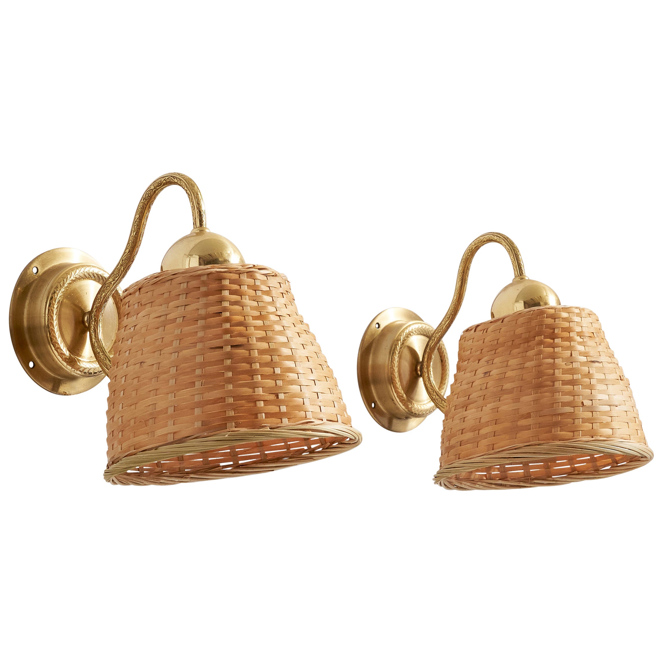 C.E. Fors, Wall Lights, Brass, Rattan, Sweden, 1970s