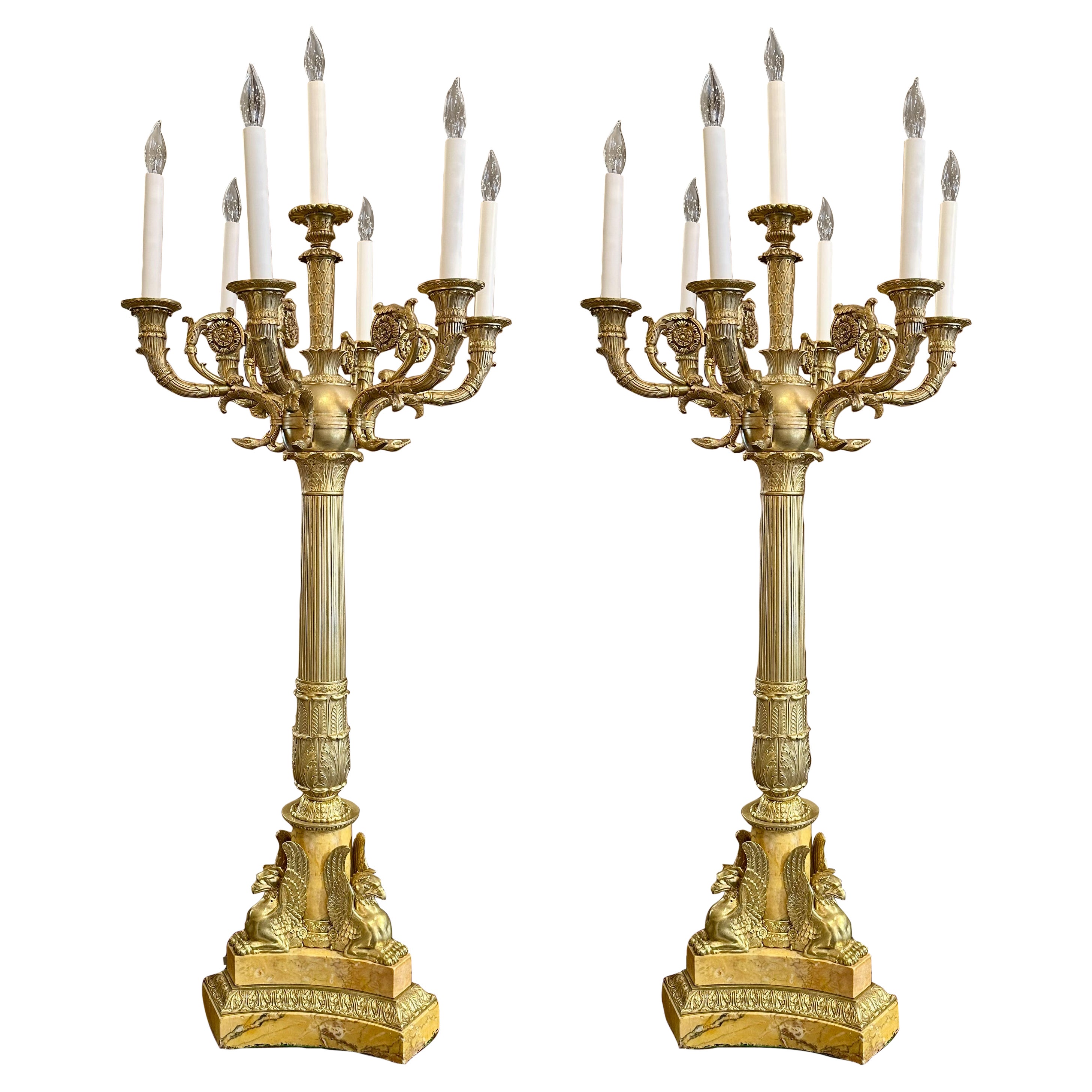 Pair Antique French Empire Gold Bronze and Marble Candelabra, Circa 1890. For Sale