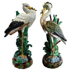 Pair Antique French Majolica Figural Bird Umbrella Stands, Circa 1890.