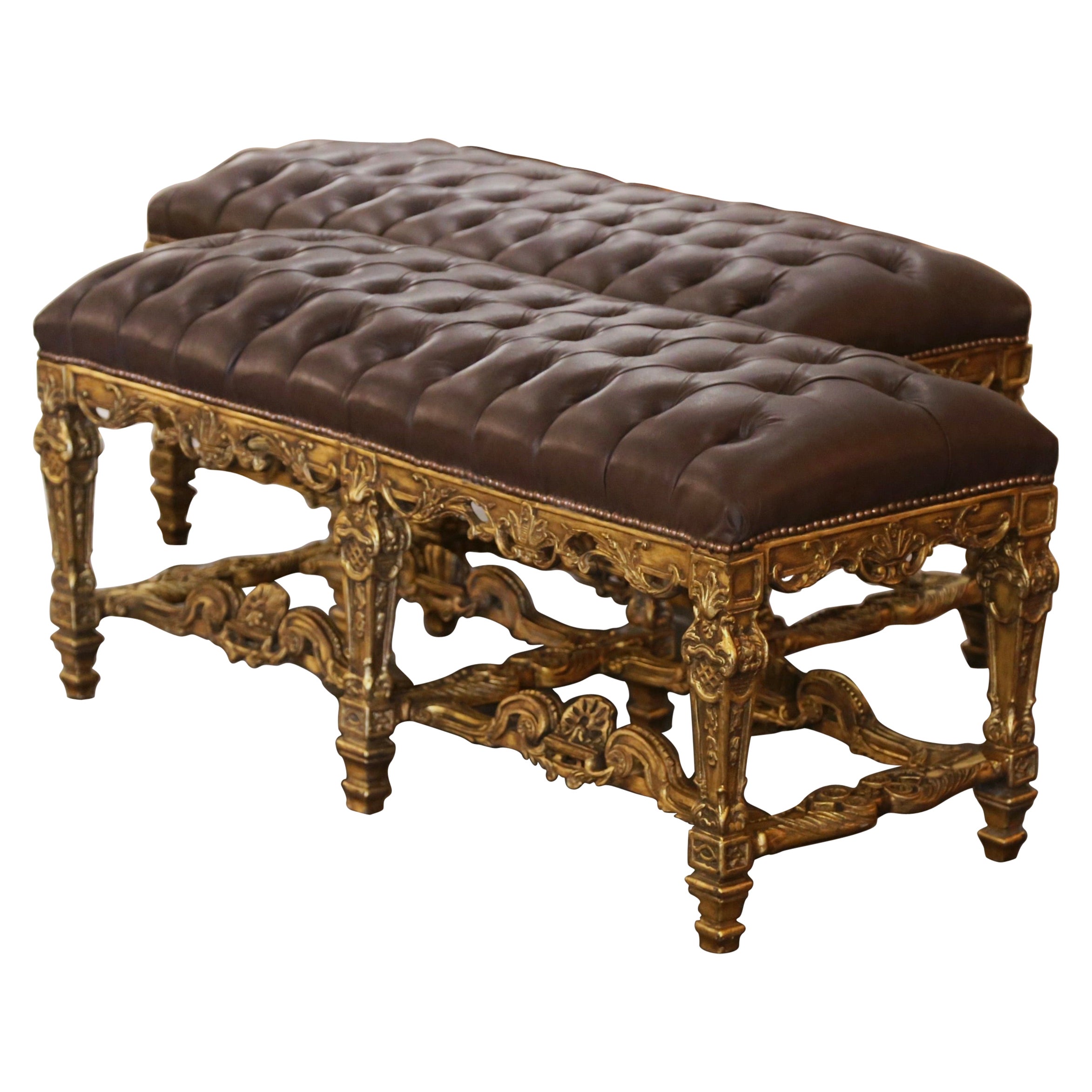Pair of Mid-Century French Louis XIV Carved Giltwood Benches with Leather Seats For Sale