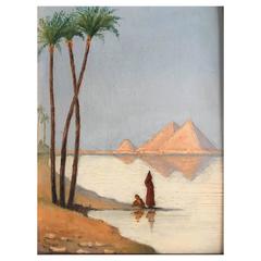 Beautiful View of the Pyramids, Egypt, 1915, by Denizot, Oil on Canvas